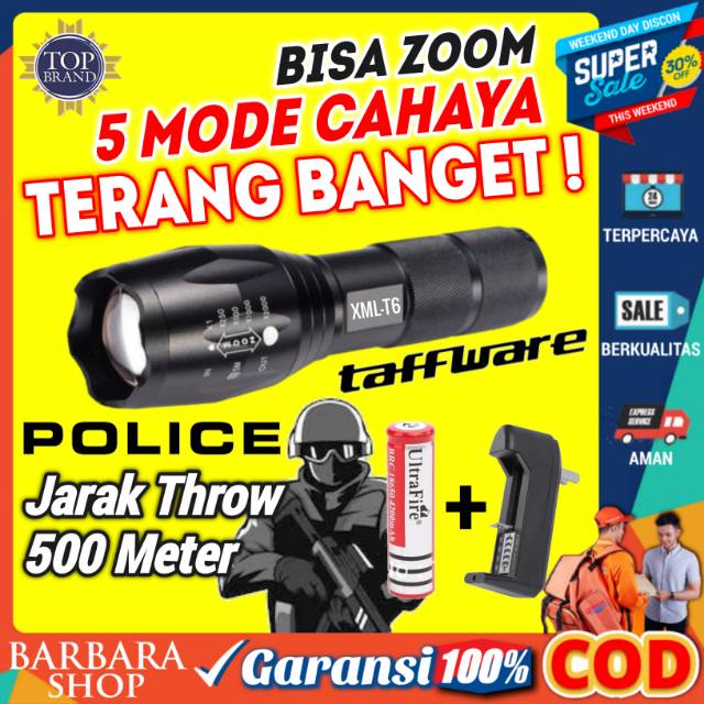 Senter LED Super Terang Cree Laser E17 XM-L T6 2000 Lumens Zoom Lampu Outdoor Jarak jauh Police