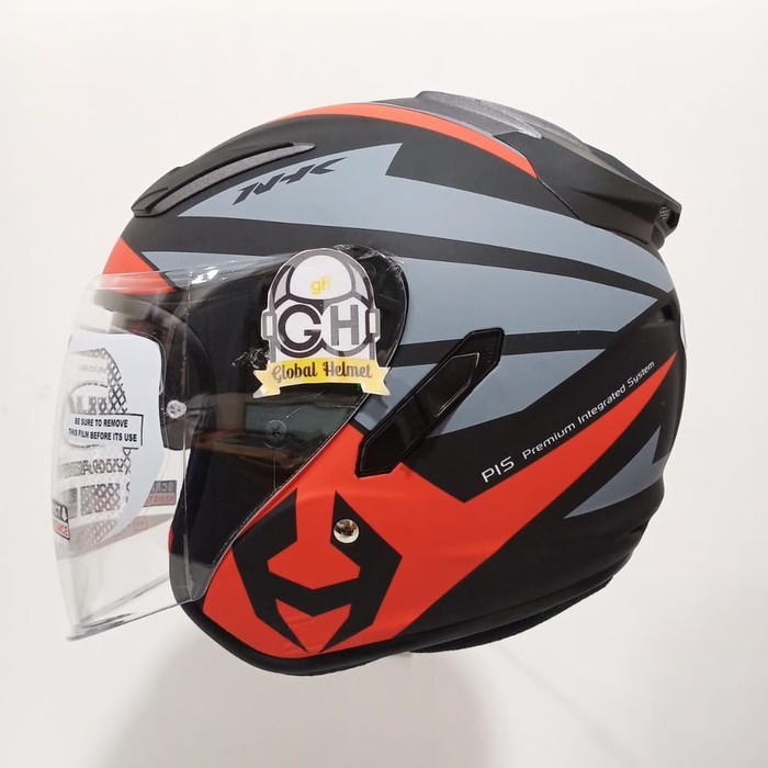 HELM HALF FACE NHK R1 NHK R-1 MOTIF NEMA BLACK RED SILVER DOUBLE VISOR - M