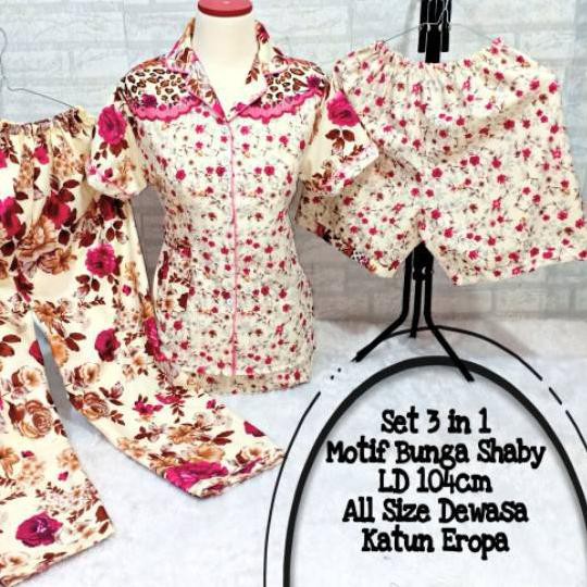 SHOPEE..  Alvaro Outlet Piyama Dewasa 3in1 Motif Bunga Mawar Shaby / Fit To XL ..,,.,,.,
