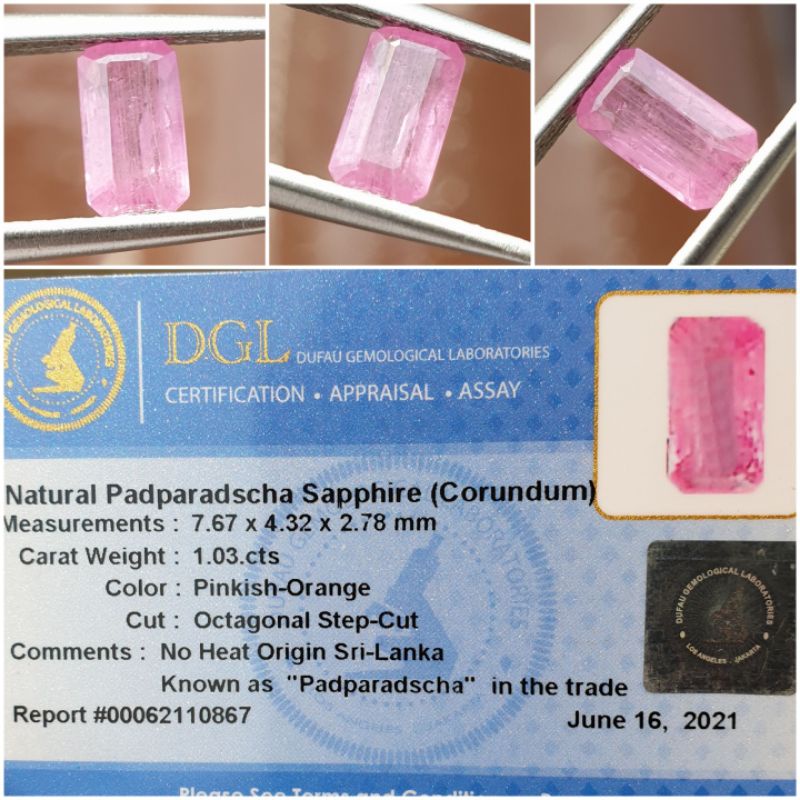 Natural Padparadscha Sapphire No Heat Ceylon Srilanka No Heat 1.03 crt