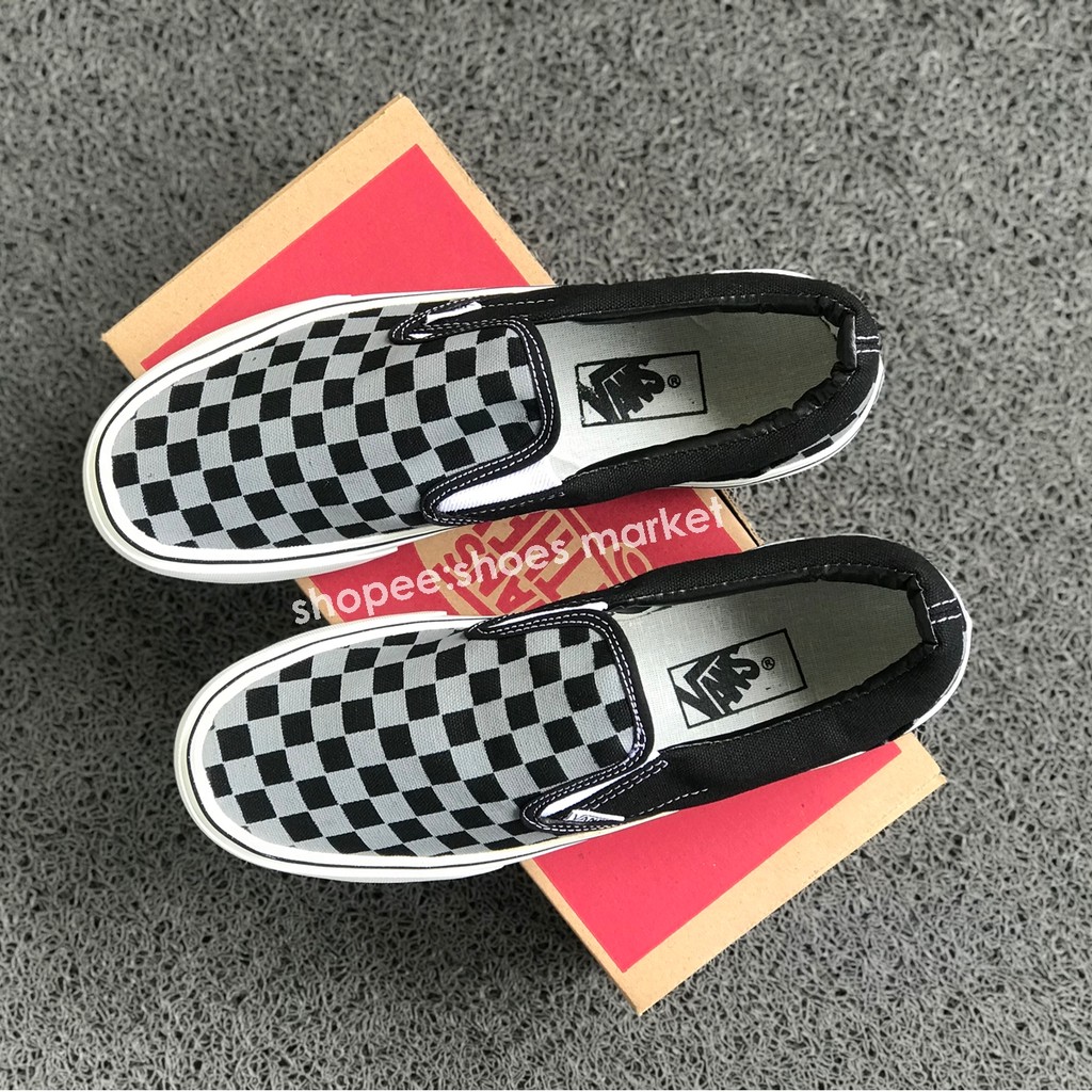 Vans Slip On Checkerboard Black Grey Sneakers Pria