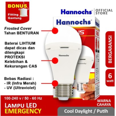 Hannochs Lampu LED Emergency Genius 6W Putih AC/DC 6 Watt Fitting