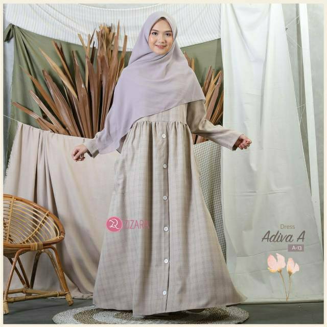 Zizara Adiva A 13 M Dress Gamis Only Katun Madina Motif Kotak Adem daily casual travelling