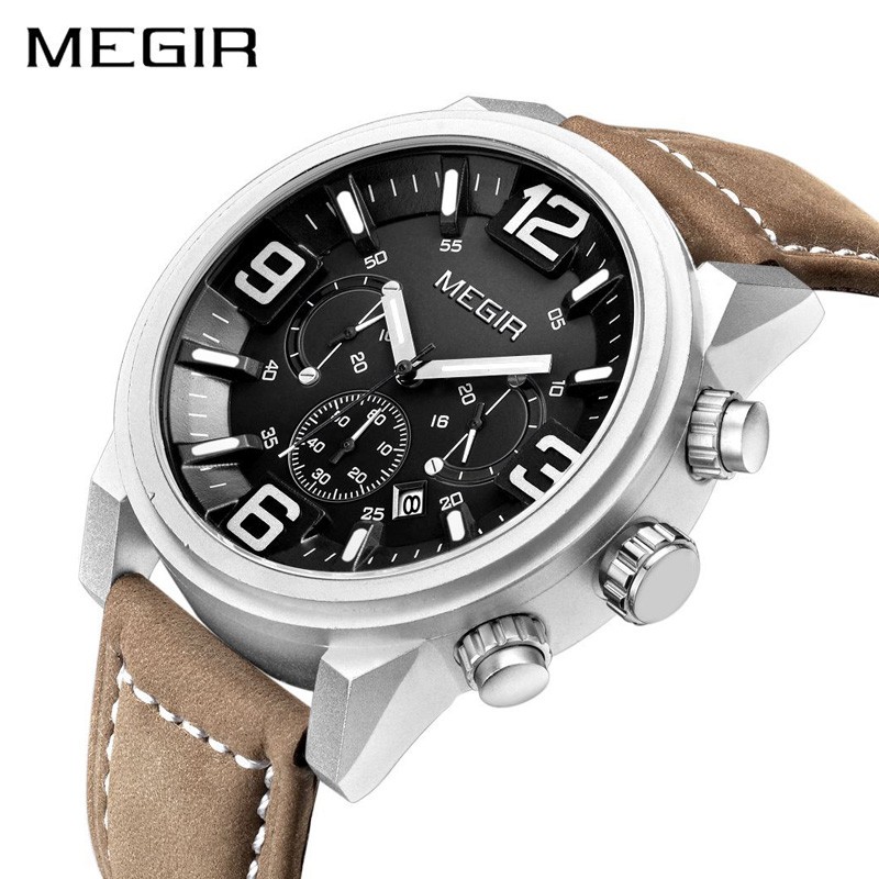 MEGIR 3010 Jam Tangan Pria Analog Chronograph Tali Kulit WATCHKITE WKOS