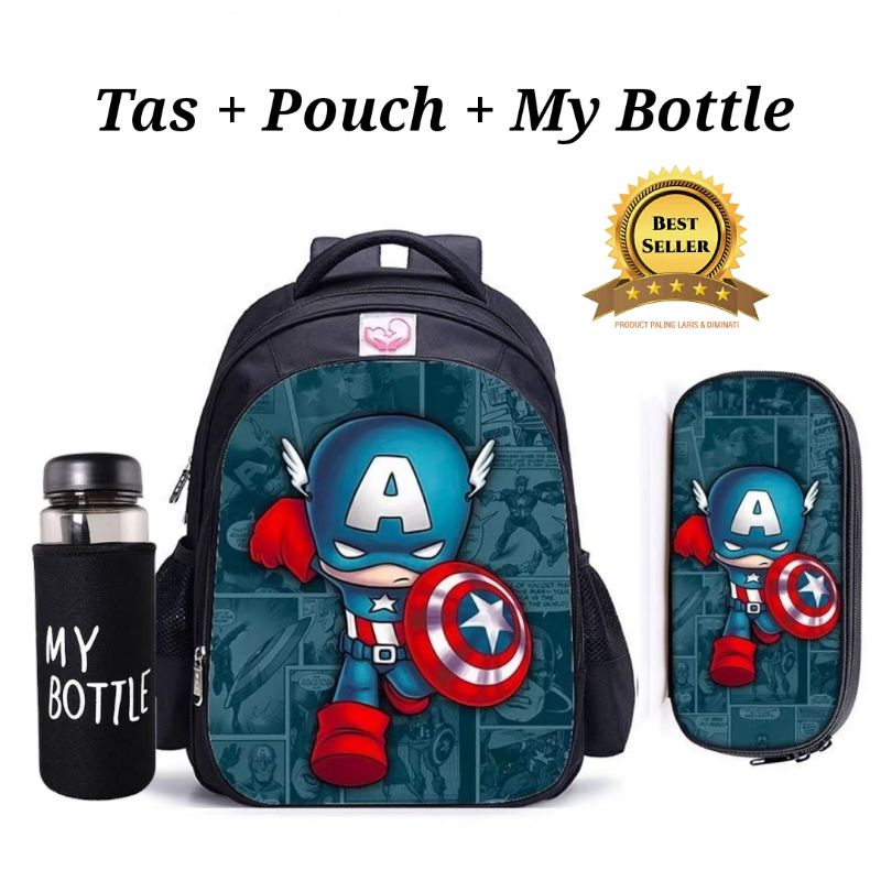 Tas Sekolah Tas Backapck Karakter Printing Anak Laki Laki Free My Bottle dan Pouch Pensil