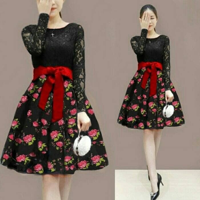 promo dress pendek brukat mini dress black brokat flower rose party lena murah kualitas bagus