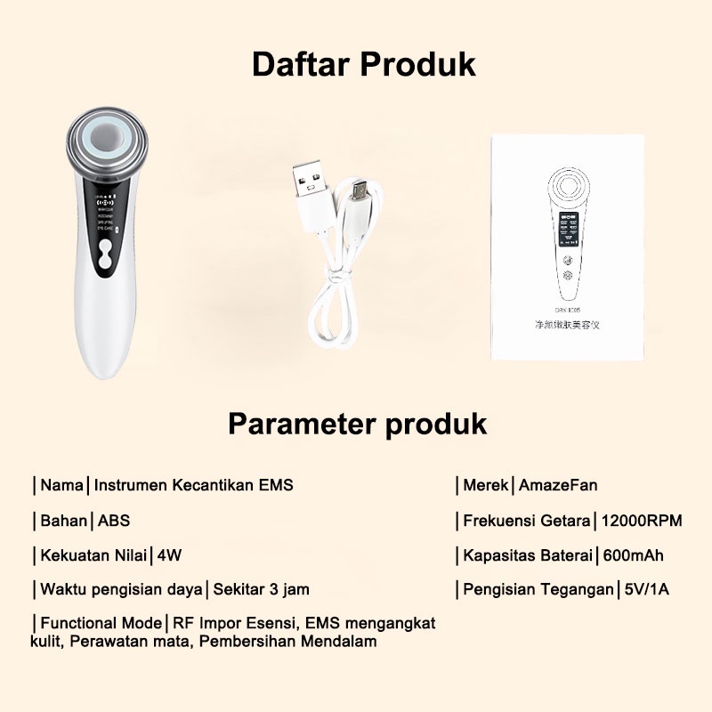 AmazeFan 4in1 setrika alat facial wajah Anti Anging alat pengecil poripori pembersih komedo wajah elektrik ion pijat face roller massager setrika kecantikan wajah RF/anti-kerut/Pemutihan/Pembersihan