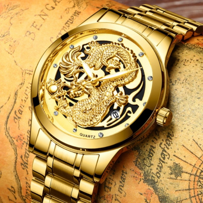 JAM TANGAN PRIA RANTAI FNGEEN ORIGINAL MOTIF DRAGON MURAH NAGA JAM006G1 IMPORT EMAS GOLD BRANDED ORI