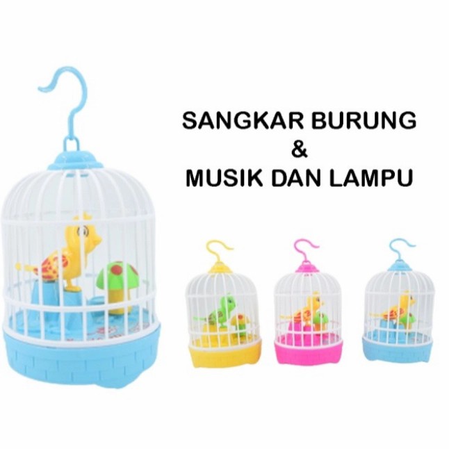 Mainan Burung Dalam Sangkar Berkicau Sensor Suara dan Lampu Led