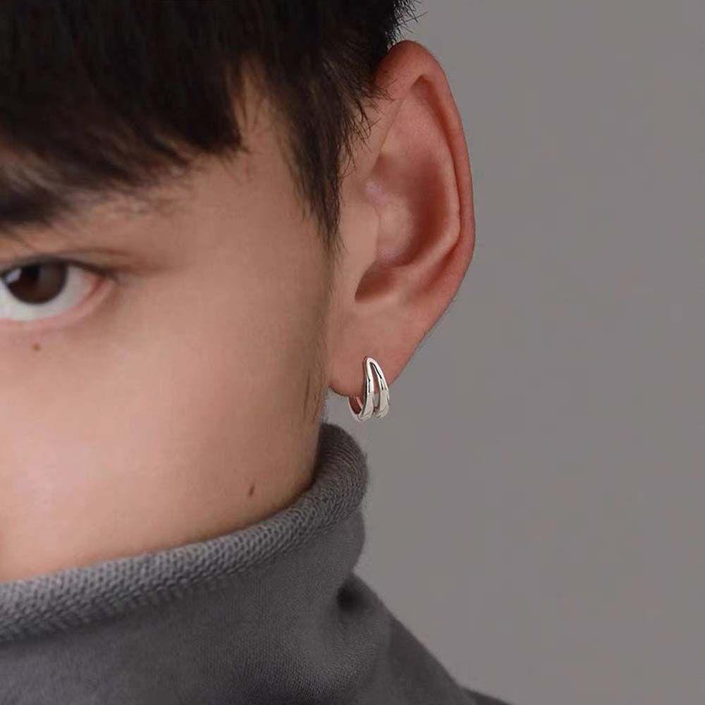 Needway Pria Hoop Earrings Rock Roll Untuk Anak Laki-Laki Multi-layer Bulat Lingkaran Lingkaran Ganda Geometris Hip Hop Telinga Studs