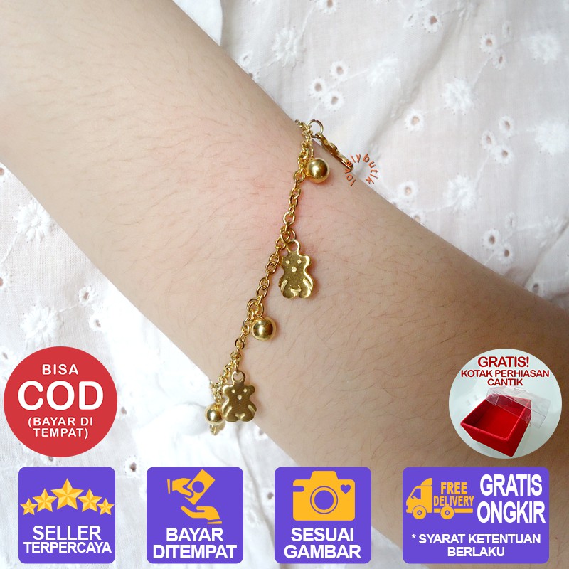 Lovelybutik Gelang Tangan Titanium Teddy Bear Gelang Tangan Wanita Titanium BONUS KOTAK PERHIASAN