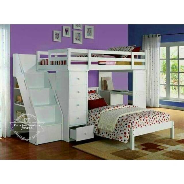 Tempat Tidur Untuk Anak/ Baby Tingkat Susun Bahan Kayu Jati, Divan+Meja Belajar+Rak Buku