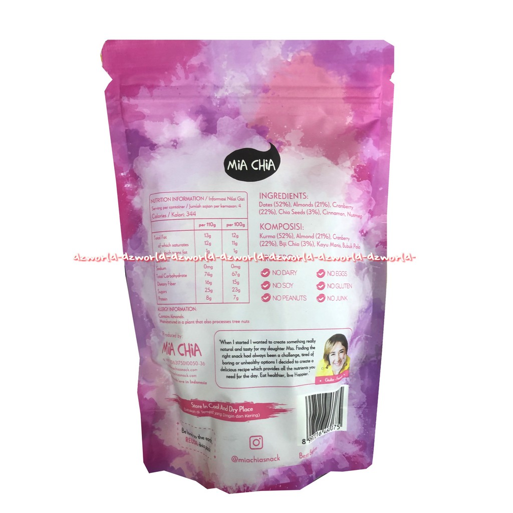 Mia Chia 100% Natural Only Dates Almond Cranberry No Sugar 110gr