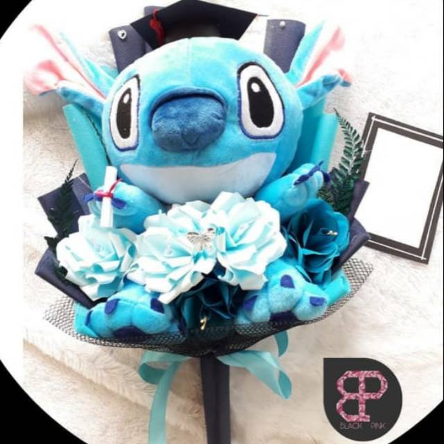 Buket bunga kertas dan boneka Stitch / biru / Ohana means family