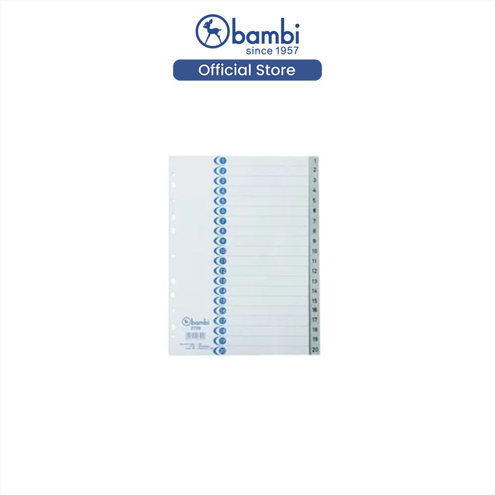 

Bambi Isi Binder A4 Divider & Indexes Pembatas Kertas Binder Edisi Numeric Index 1-20 with Multiholes Rigid PVC 05 Grey Original