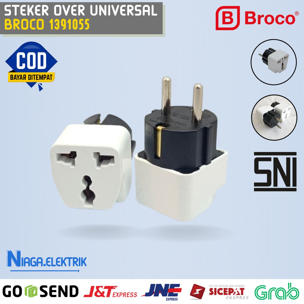 Over Steker/Seteker Universal Adaptor Merk Broco - Sambungan Colokan laptop 3 lubang 2 kaki Standard