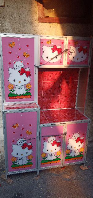 Rak Piring 3 Pintu Kaca Lukis Tiang Besar Full Colour Samping Keramik (promo Harga)