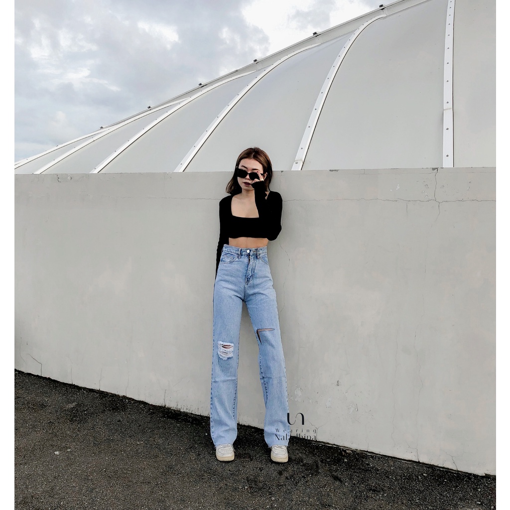 Nara Pants Ripped  Snowblue Jeans - Highwaist Loose Ripped Jeans