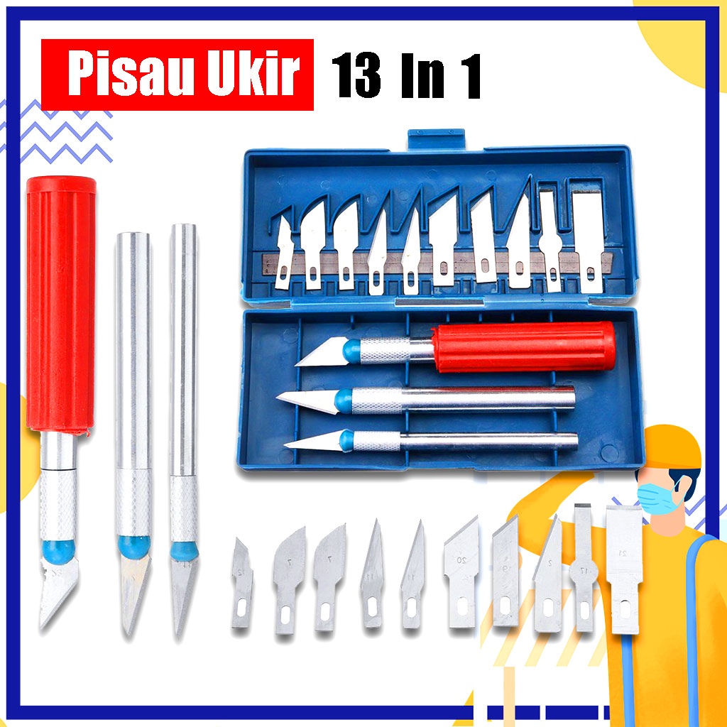 Set Pisau Ukir Seni 13 in 1 Crafting Art Knife with 3 Handle - Pisau Ukir 13 Set Dengan 3 Handle - Pisau Alat Ukir Kayu - Pisau Pahat