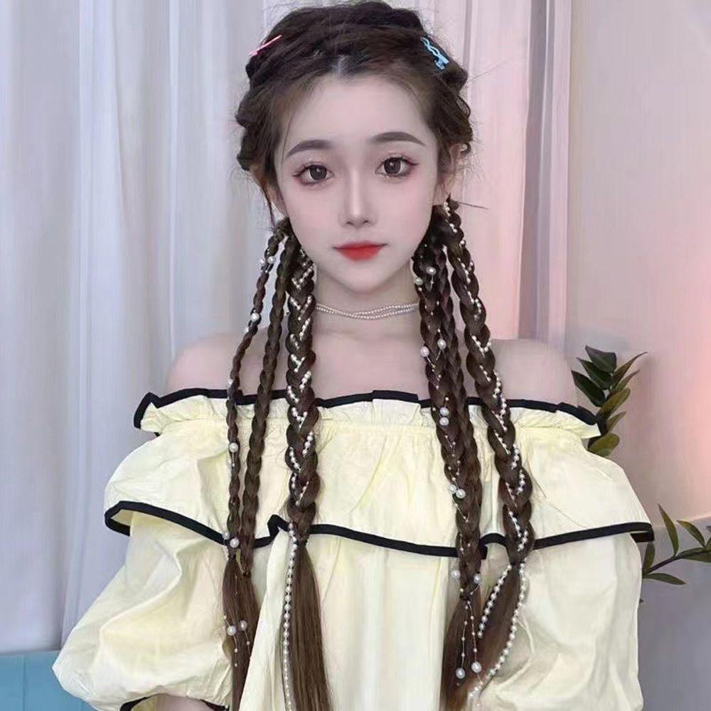 Needway   Wig Kepang Sintetis Streetwear Rambut Lampion Elastis Untuk Anak Perempuan Rambut Gimbal Krean Hair Band