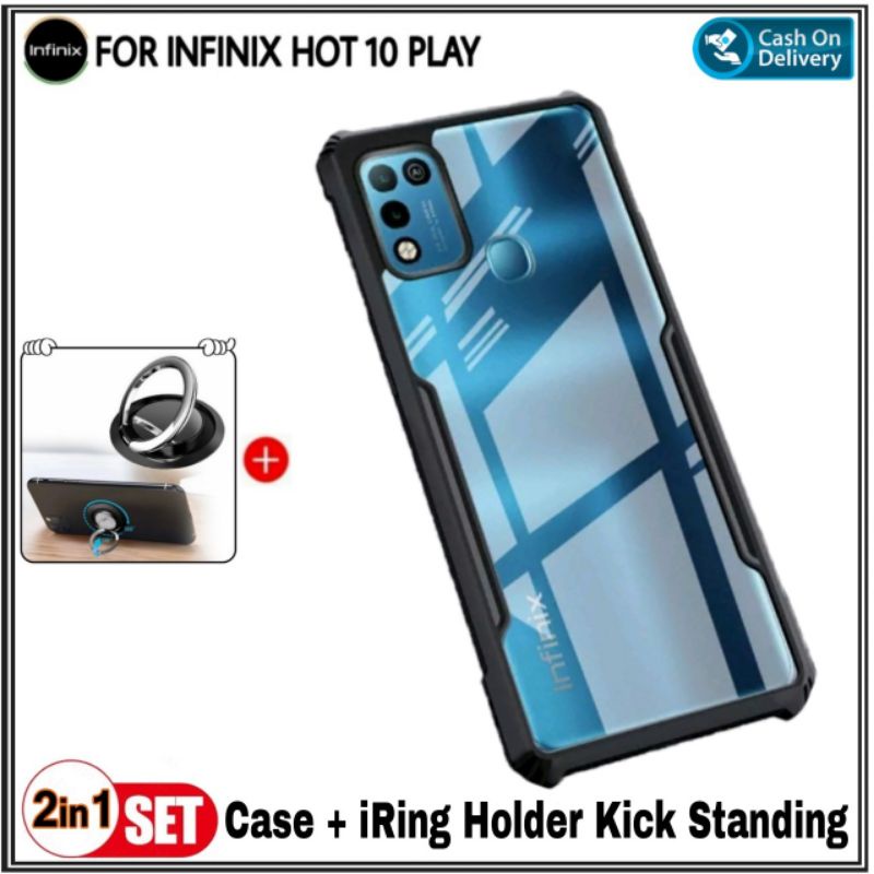 Case Infinix Hot 10 Play Hard Soft Fusion Armor Shockprooft TPU HD Trasnparan Acrylic Casing HP Cover + Ring Holder DI ROMAN ACC