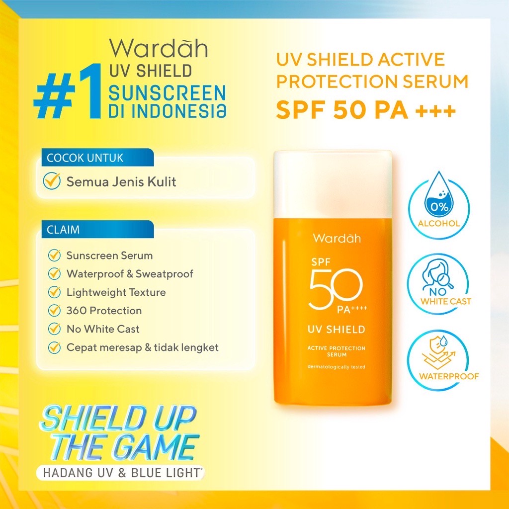 WARDAH UV Shield Active Protection Serum SPF 50 PA++++ Indonesia / Sunblock Wajah 35ml / Waterproof / Sun Care Sunscreen Tabir Surya UVA UVB Blue Light Protector Protect Pelindung Sinar Matahari Kulit Tubuh / Gel Stick Cream Lotion / Skincare Face Series