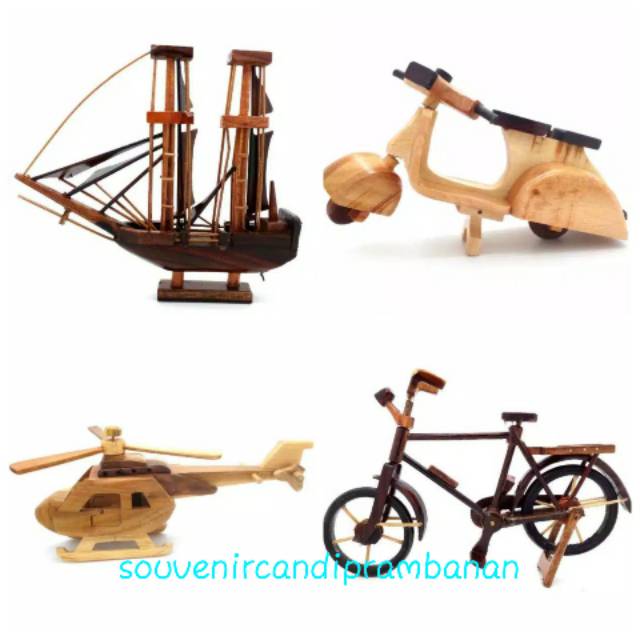 PAKET HEMAT MINIATUR KAYU KODE 2 ISI 4 PCS KAPAL PINISHI VESPA HELIKOPTER SEPEDA ONTEL TERMURAH