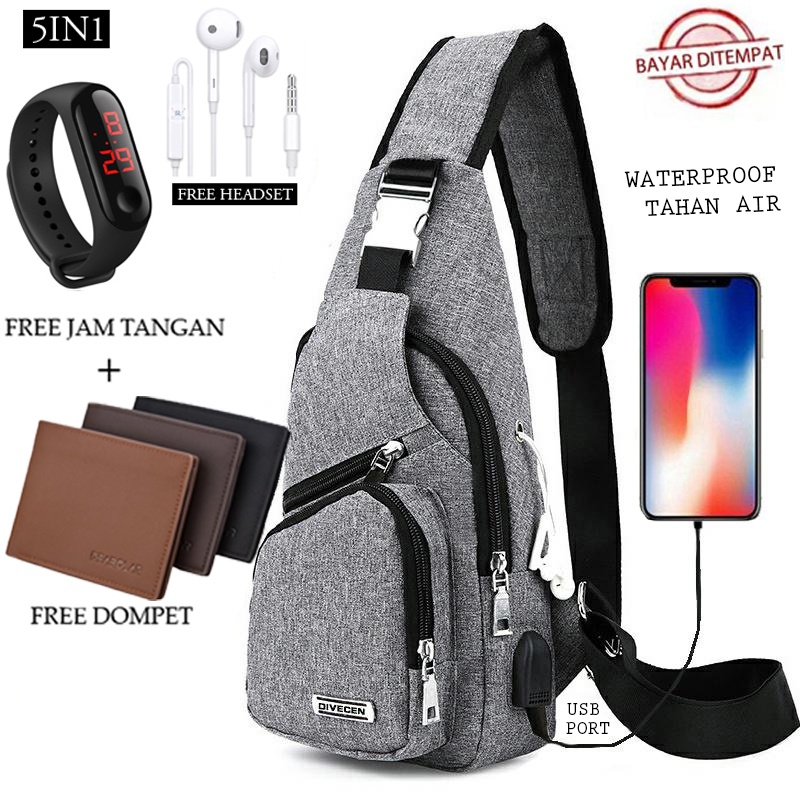 TANMESSO 5in1 BAYAR DITEMPAT- JAM LED -HEADSET- DOMPET -USBPORT -TAS WATERPROOF-BAHAN INTERPILAR SENDIRI LEMBUT DAN TEBAL MENGANDUNG 70%COTTON BUKAN PARASUT ATAU KANVAS SEPERTI YANG BEREDAR DIPASARAN-TAS SELEMPANG PRIA-SLING BAG PRIA