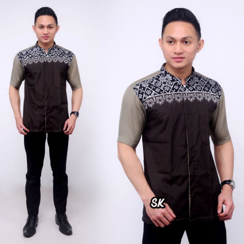 ATASAN BAJU KOKO PRIA MUSLIM LENGAN PENDEK LEBARAN KONDANGAN WARNA HITAM MIX PUTIH ABU GREY SILVER