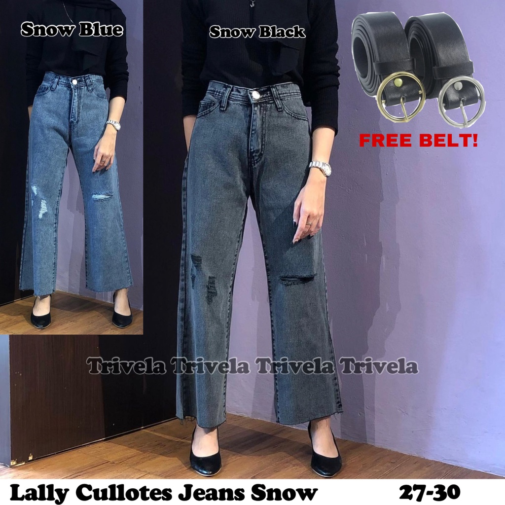 (FREEBELT) - Lally Cullote Jeans Snow / Celana Jeans Kulot Unfinished Wanita