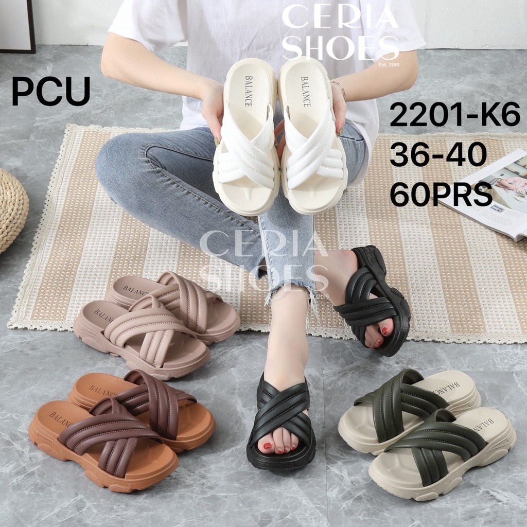 BALANCE Sandal Gunung Slop Wanita Korean Import Bahan Tebal Tinggi Rubber Empuk Non-Slip Cross X Strap