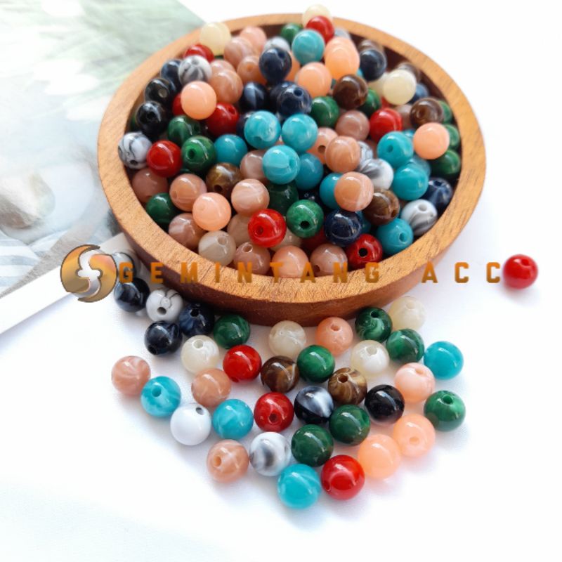 (50 Pcs) Mote Manik Bulat Motif Marmer Manik Corak Lilin