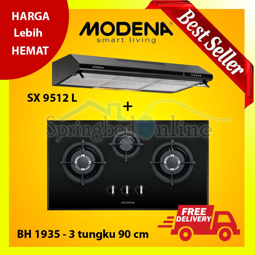 MODENA Paket Kompor Tanam 3 Tungku 90 cm dan Cooker Hood 90 cm - BH 1935 &amp; SX 9512 L