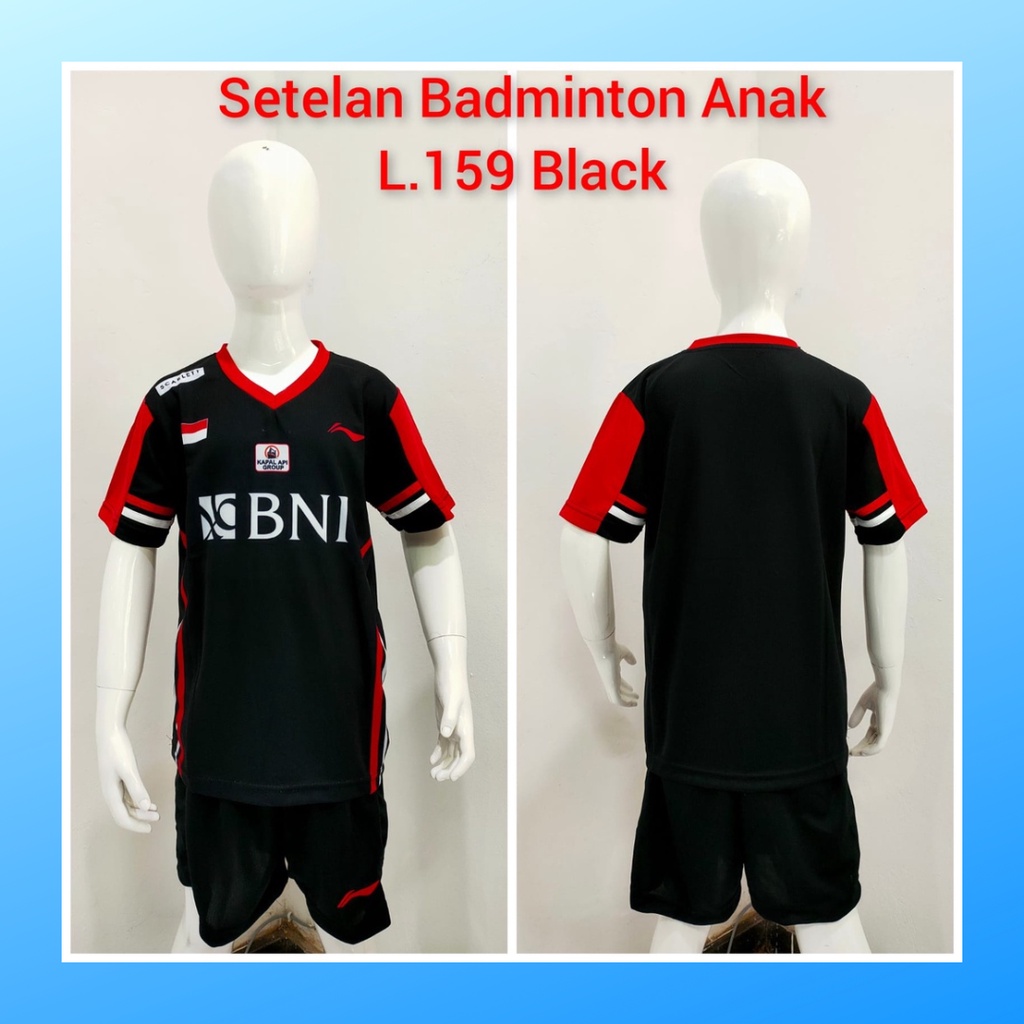 Kaos badminton anak laki-laki jersey bulutangkis baju celana setelan jersy perempuan stelan t-shirt outfit seragam kostum print olahraga casual suit pakaian jarsey oblong apparel sports jersi sudirman thomas uber cup bulu tangkis ST.L159 hitam sponsor