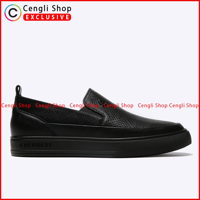 SEPATU SLIP ON EVERBEST PRIA ORIGINAL CASUAL KULIT ASLI BRANDED ALL FULL BLACK LEATHER HITAM POLOS EM03