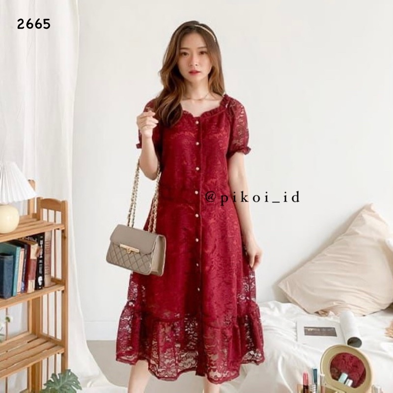 Dress brukat cheongsam merah pesta imlek / dress brokat furing cny sincia / dress korean style 2665