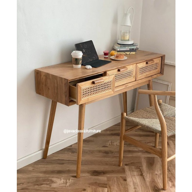 SET MEJA KERJA KANTOR BELAJAR LAPTOP KOMPUTER KAYU JATI KOMBINASI ROTAN PLUS KURSI DUDUK SANTAI RETRO FINISHING NATURAL VINTAGE MURAH BERKUALITAS FURNITURE JEPARA-2