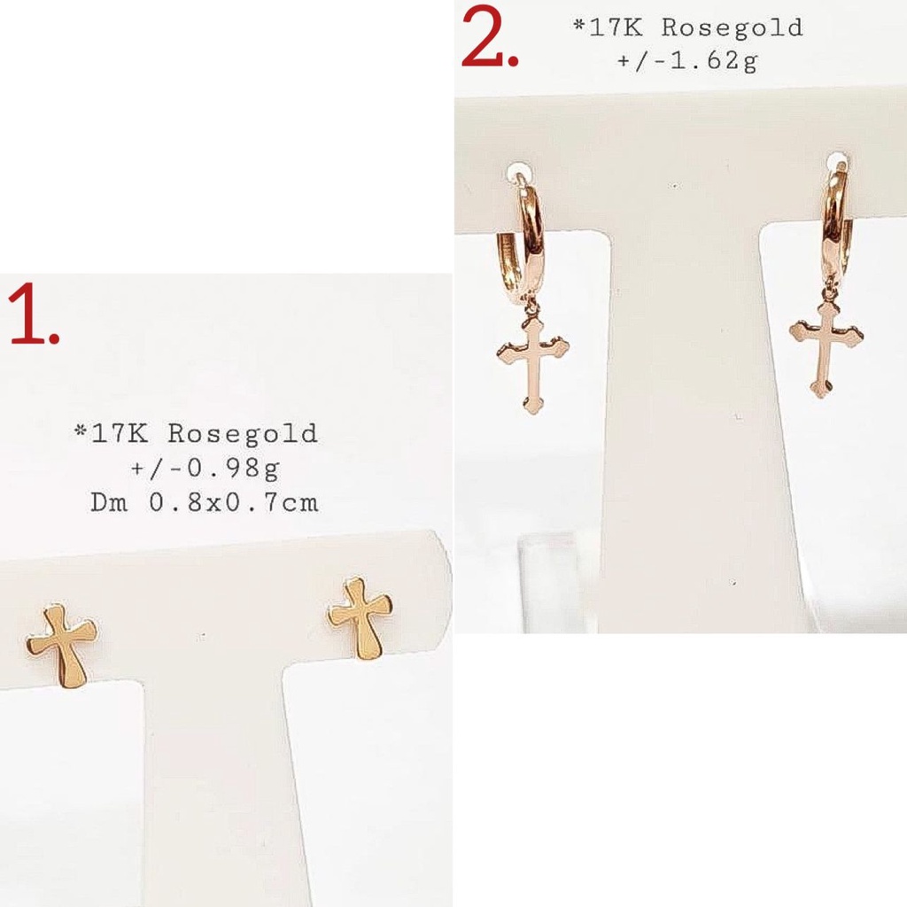 anting anak dan dewasa emas asli kadar 70 16k 750 75 17k rosegold salib gold cross gantung panjang duduk paku tusuk bulat giwang kerabu hooks dewasa