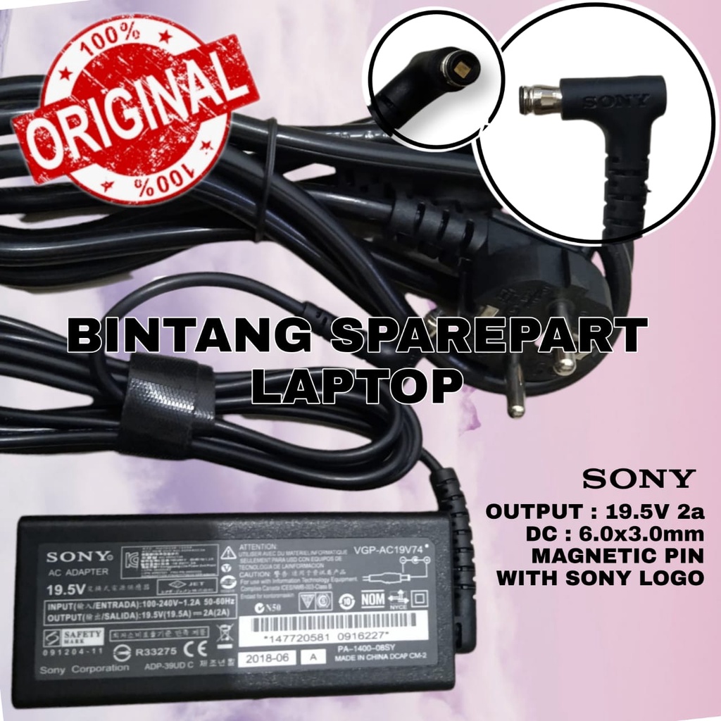 Adaptor Charger Casan kabel power Laptop Sony Vaio 19.5V 2A Magnet pin SVF13 SVT11 Fit 13A VGP-AC19V74 SVF13NA1UL 006 F11A SVF13N colokan Magnet logo Original