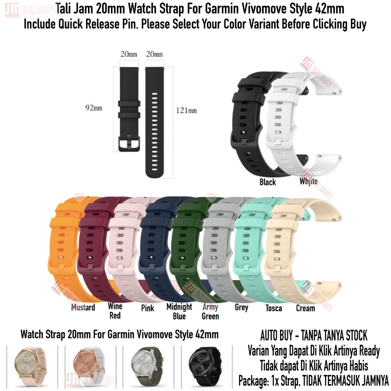 Tali Jam 20mm Watch Strap Garmin Vivomove Style 42mm - OYE Rubber Warna Warni