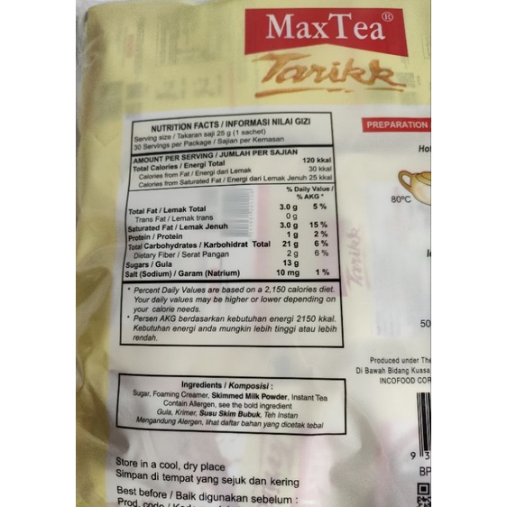 Max Tea Tarik/Teh Tarik berisi 30 sachet