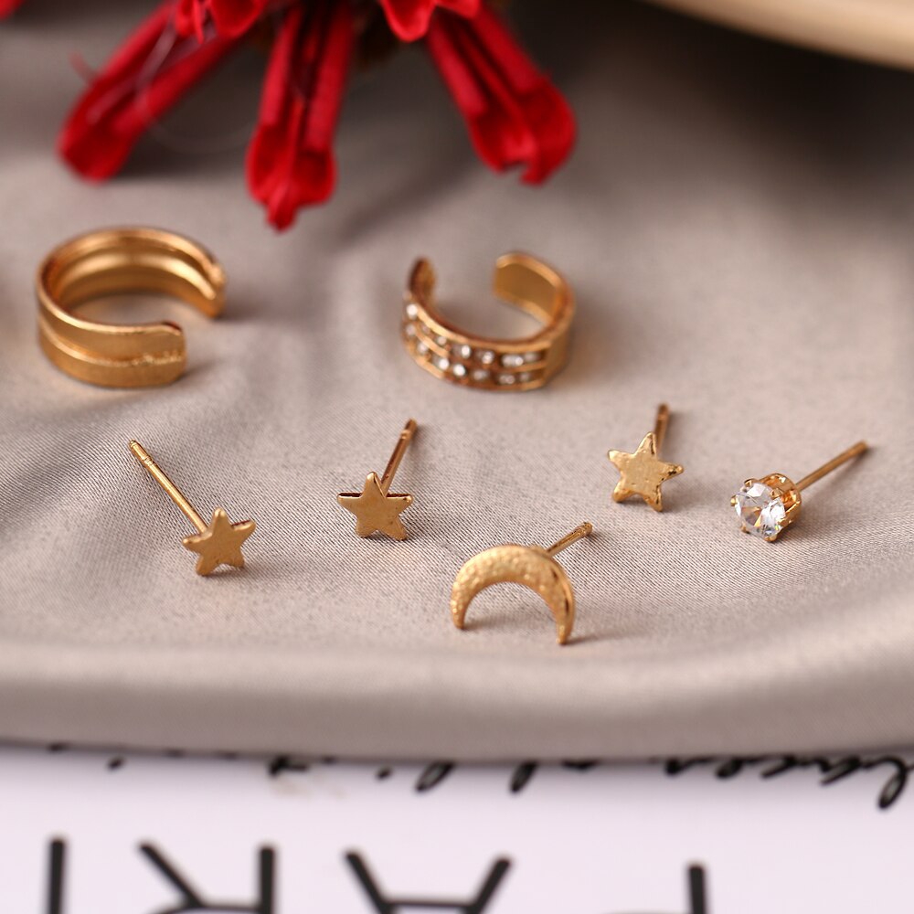 7Pcs/Set Retro Crystal Star Moon series Earrings Set for Women Fashion Stud Earrings Jewelry