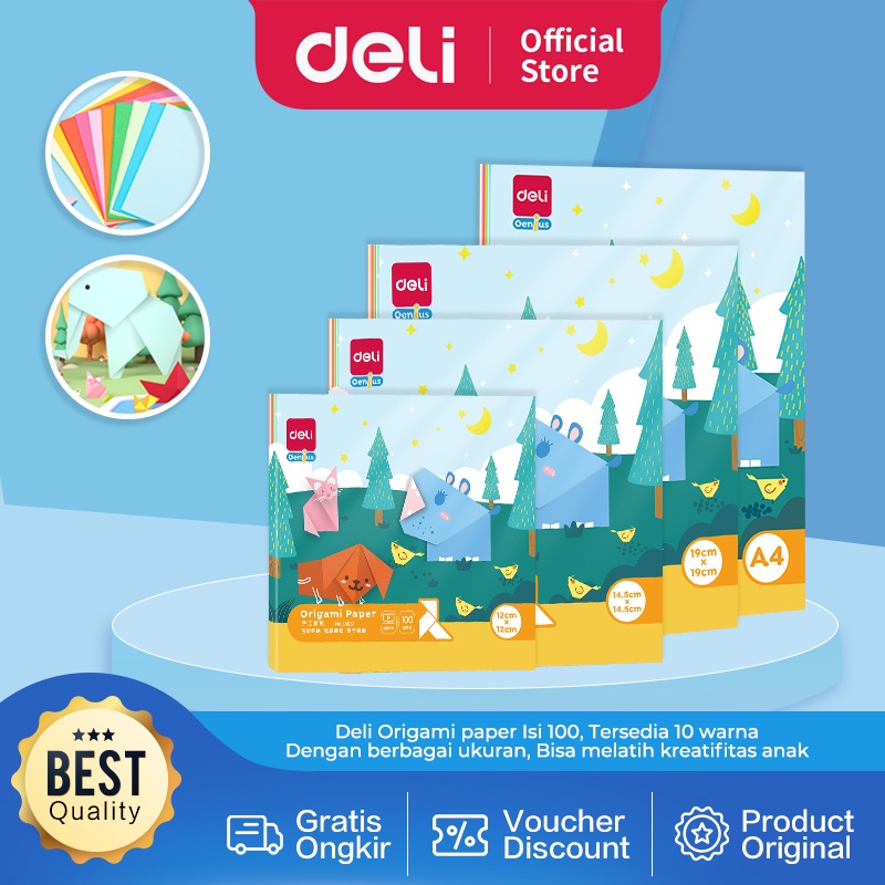 

Deli Origami Paper / Kertas Lipat Origami 100 pcs 10 Warna Berbagai Ukuran 8363X