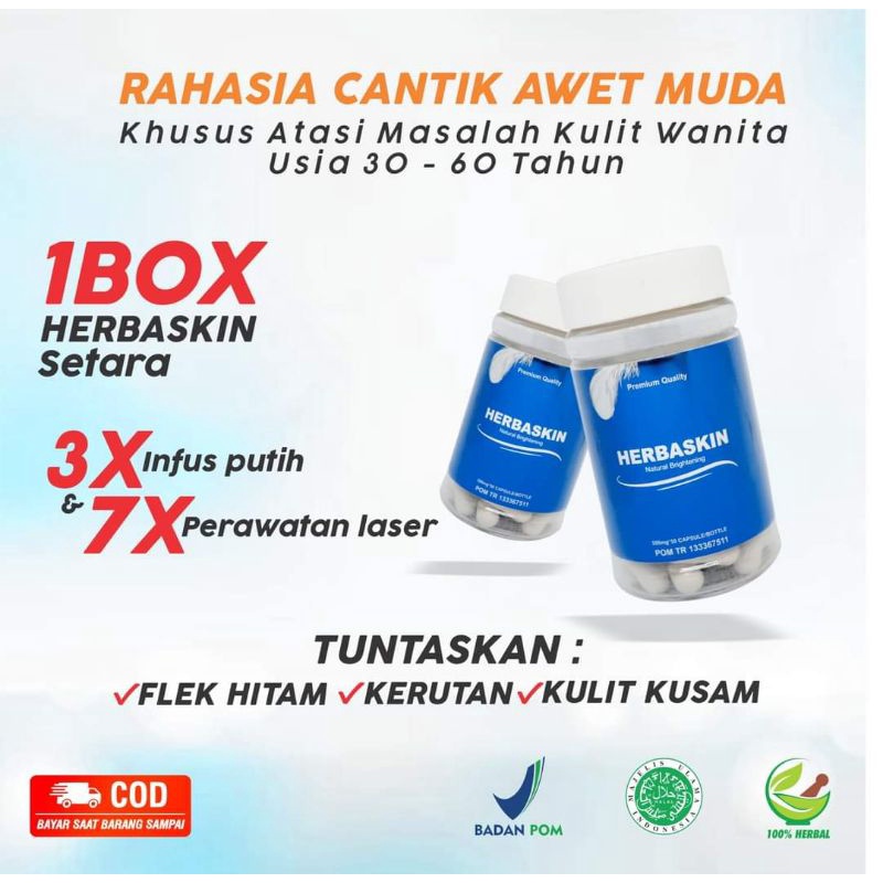 HERBASKIN Original 100% Suplemen Kecantikan Pemutih Badan (50 Kapsul) Asli BPOM