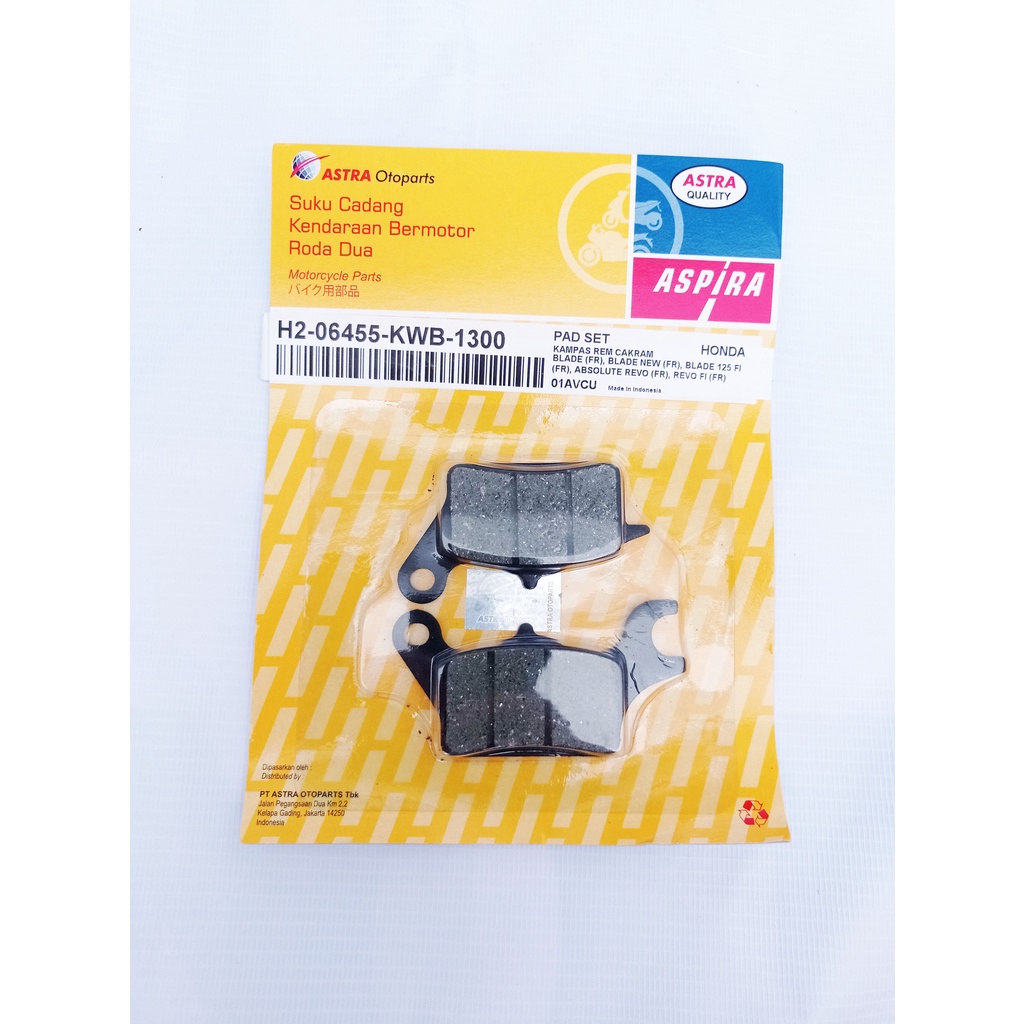 Kampas Rem H2-06455-KWB-1300 Aspira Original Dispad Diskpad Discpad BLADE(FR), BLADE NEW(FR), BLADE 125 FI(FR)