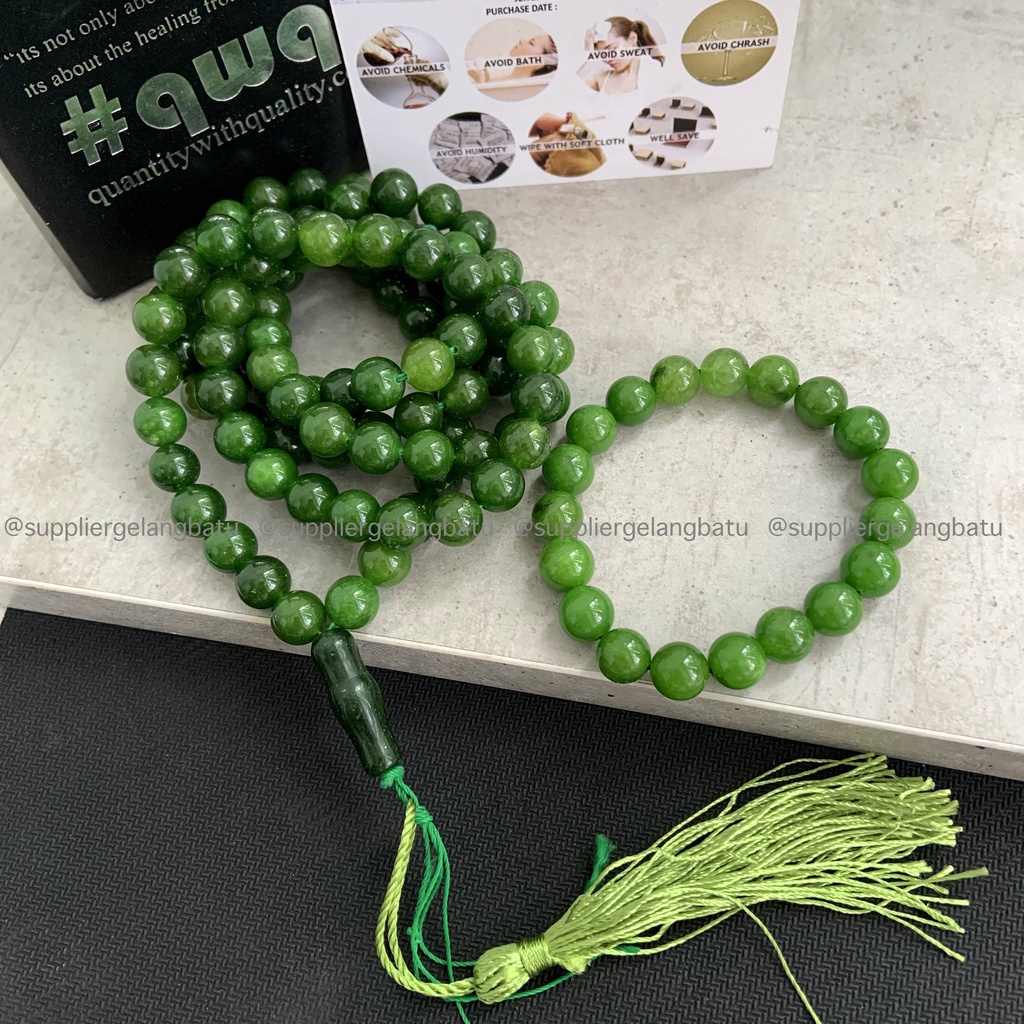 tasbih batu BLACK JADE ACEH MUDA 10MM BONUS GELANG tasbeh BERSERAT TEMBUS SENTER