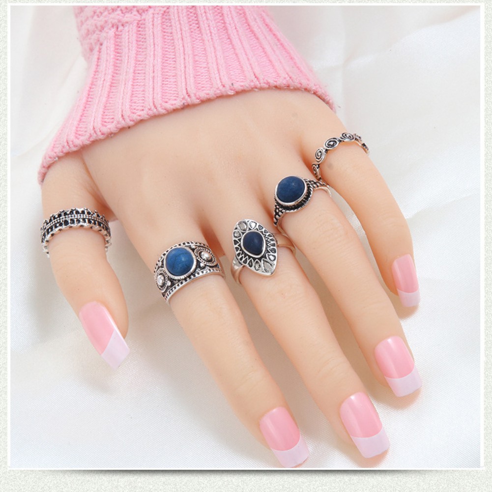 5Pcs Cincin Alloy Lily Bohemian Warna Biru