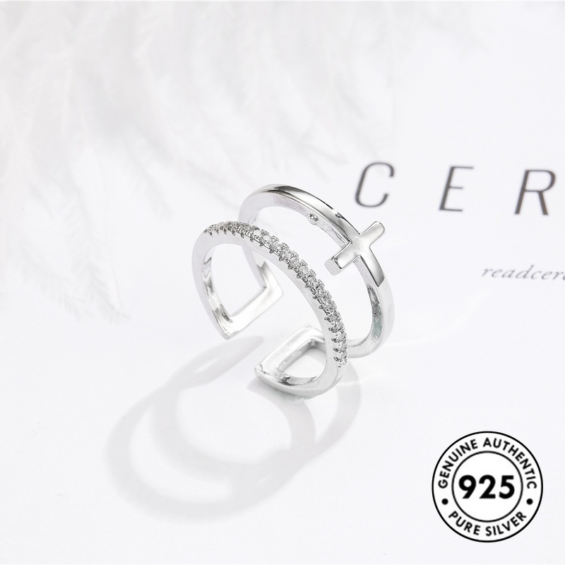 Cincin Sterling Silver 925 Desain Salib Hias Berlian Imitasi Untuk Wanita