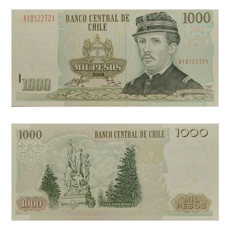 Uang Negara Chile 1000 Peso tahun 2002 Kondisi XF -AUNC Utuh Original 100%