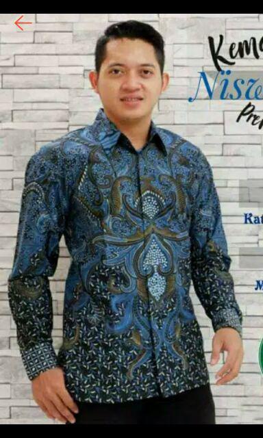 Hem Batik Solo Murah Lengan Panjang Full Furing Nisworo Biru / Batik Katun Sragenan High Quality